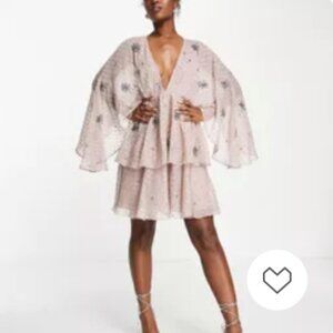 ASOS DESIGN Tiered Textured Mini Dress — Linear Bloom Embellishment (Dusty Rose)